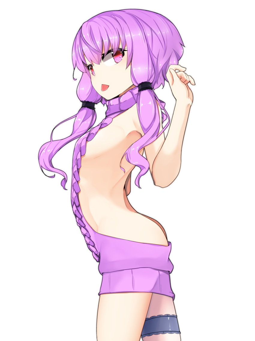 1girl absurdres ass bare_shoulders commentary_request eyebrows_visible_through_hair flat_chest from_side hair_ornament highres long_hair meme_attire pink_eyes pink_hair pon_(shind_997) purple_hair simple_background solo thigh_strap tongue tongue_out twintails virgin_killer_sweater vocaloid voiceroid white_background yuzuki_yukari