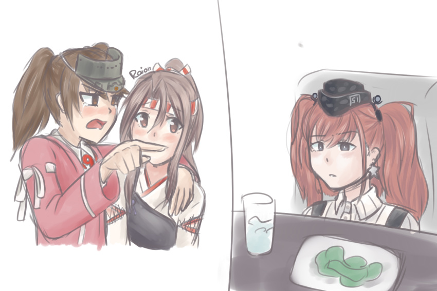 3girls artist_name artist_request atlanta_(kantai_collection) blush breast_envy brown_eyes brown_hair commentary crying crying_with_eyes_open earrings english_commentary garrison_cap glass grey_eyes hachimaki hair_intakes hand_on_another's_shoulder hat headband high_ponytail japanese_clothes jewelry kantai_collection kariginu long_sleeves look-alike meme multiple_girls muneate open_mouth pointing_at_another ryuujou_(kantai_collection) shirt star star_earrings suspenders tears twintails upper_body visor_cap white_shirt zuihou_(kantai_collection)