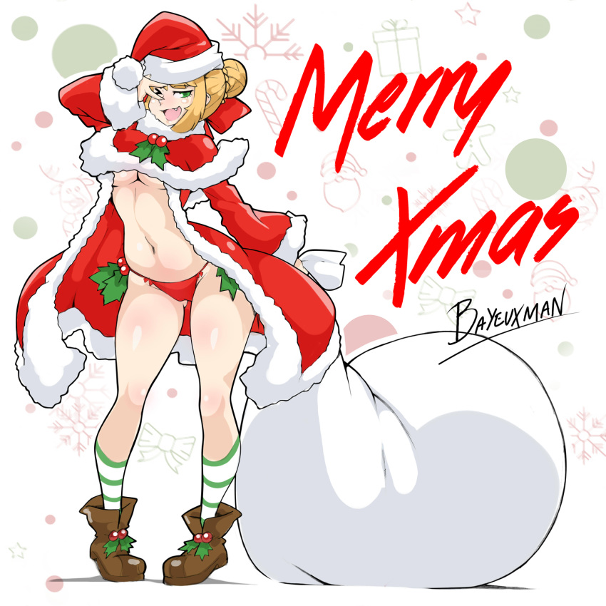 1girl ;d arm_up artist_name bayeuxman blonde_hair braid braided_bun breasts capelet christmas commentary english_commentary eyebrows_visible_through_hair fang fate/extra fate/grand_order fate_(series) full_body fur-trimmed_capelet fur-trimmed_hat fur_trim green_eyes hair_ribbon hat highres holding holding_sack holly looking_at_viewer navel nero_claudius_(fate) nero_claudius_(fate)_(all) one_eye_closed open_mouth padoru pom_pom_(clothes) red_capelet red_headwear red_ribbon ribbon sack santa_costume santa_hat shoes simple_background smile solo text_focus underboob white_background