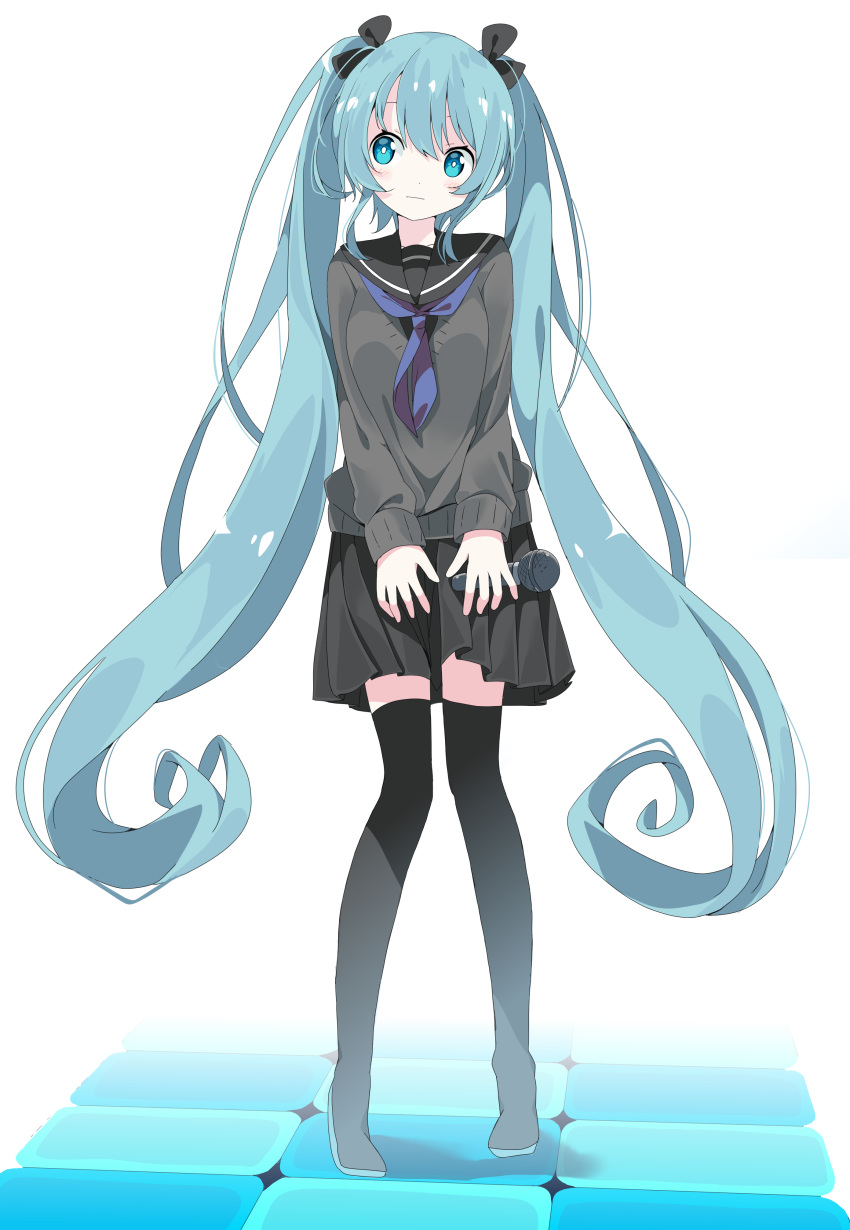 1girl absurdres bangs black_bow black_footwear black_legwear black_sailor_collar black_serafuku black_shirt black_skirt blue_eyes blue_hair blush boots bow breasts closed_mouth commentary eyebrows_behind_hair full_body grey_sweater hair_between_eyes hair_bow hatsune_miku highres holding holding_microphone long_hair long_sleeves looking_away looking_to_the_side microphone neckerchief pleated_skirt purple_neckwear sailor_collar school_uniform serafuku shirt skirt sleeves_past_wrists small_breasts solo standing sweater tantan_men_(dragon) thigh_boots thighhighs twintails very_long_hair vocaloid white_background