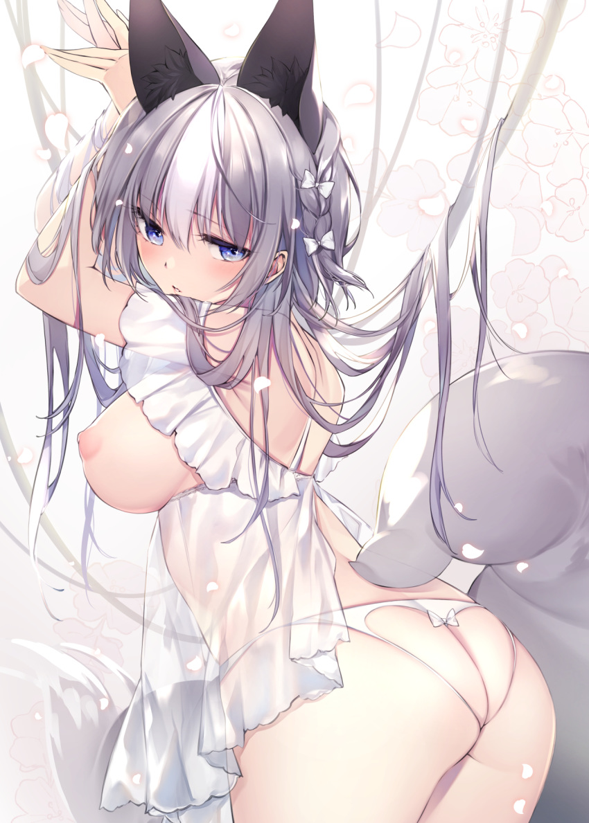1girl animal_ear_fluff animal_ears arms_up ass babydoll bangs braid breasts breasts_outside crotchless crotchless_panties eyebrows_visible_through_hair fox_ears fox_girl fox_tail from_behind hair_ribbon highres large_breasts long_hair looking_at_viewer looking_back nipples original panties parted_lips revealing_clothes ribbon see-through silver_hair solo standing tail underwear white_panties white_ribbon yukibuster_z