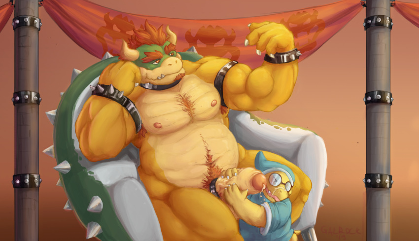 accessory bodily_fluids bowser chair cock_ring cum cum_on_face duo eyewear furniture galrock gaysize_difference genital_fluids glasses handjob hi_res humanoid_penis jewelry kamek koopa male male/male mario_bros muscular nintendo nipples penile penis penis_accessory penis_jewelry scalie sex throne video_games