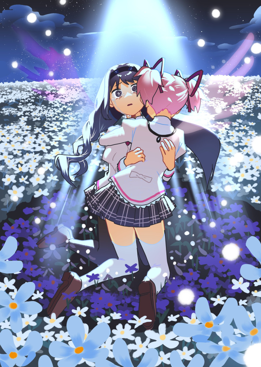 2girls akemi_homura asymmetrical_hair backlighting black_hair black_hairband black_legwear black_skirt brown_footwear cloud collared_shirt commentary_request crying crying_with_eyes_open empty_eyes eyebrows_visible_through_hair facing_away field floating_hair flower flower_field from_behind frown full_body furrowed_eyebrows hair_ribbon hairband hands_on_another's_back highres hug juliet_sleeves kaname_madoka kneeling light_particles loafers long_hair long_sleeves looking_away mahou_shoujo_madoka_magica mahou_shoujo_madoka_magica_movie mitakihara_school_uniform multiple_girls nape nature night night_sky no_nose outdoors pantyhose parted_lips pink_hair plaid plaid_skirt pleated_skirt puffy_sleeves purple_flower red_ribbon ribbon sad school_uniform shadow shirt shoes short_twintails skirt sky spotlight star_(sky) starry_sky streaming_tears tears thighhighs thighs transparent_wings twintails ultimate_madoka uniform white_flower white_legwear wings yooki_(winter_cakes)