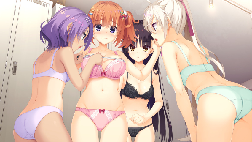 4girls akizuki_kanna aqua_bra aqua_panties ass black_bra black_hair black_panties blush bra breasts bust_measuring cafe_stella_to_shinigami_no_chou cleavage cowboy_shot earrings embarrassed eyebrows_visible_through_hair game_cg hair_ornament hair_ribbon hairclip highres hiuchidani_mei indoors jewelry kobuichi large_breasts leaning_forward locker locker_room long_hair measuring medium_breasts mole mole_under_eye multiple_girls muririn navel one-piece_tan orange_hair panties parted_lips pink_bra pink_panties ponytail purple_bra purple_eyes purple_hair purple_panties ribbon shiki_natsume short_hair side_ponytail small_breasts stud_earrings sumizome_nozomi sweatdrop tan tanline tape_measure underwear underwear_only white_hair x_hair_ornament yellow_eyes