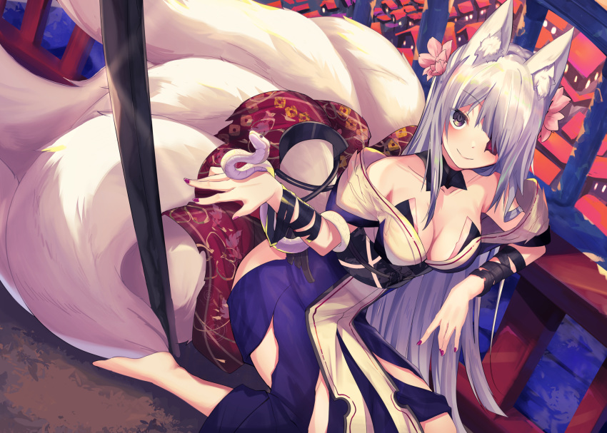 1girl animal_ear_fluff animal_ears bangs bare_shoulders barefoot breasts building cleavage detached_collar dutch_angle eyebrows_visible_through_hair eyepatch eyes_visible_through_hair flower fox_ears fox_tail grey_eyes haik hair_flower hair_ornament hair_over_one_eye highres japanese_clothes kimono long_hair looking_at_viewer medium_breasts multiple_views nail_polish obi off_shoulder original sash silver_hair smile snake solo tail