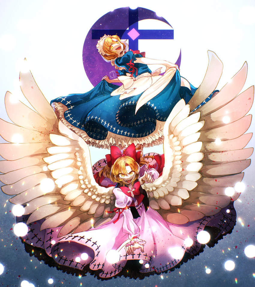 2girls :d apron arm_garter arm_ribbon bangs black_vest blonde_hair blood blood_splatter blue_background blue_dress bow bowtie circle commentary_request crescent cross cross_necklace cross_print danmaku dated diffraction_spikes dress evil_eyes evil_smile feathered_wings floating_hair frilled_apron frilled_dress frilled_skirt frilled_sleeves frills full_body gengetsu gradient gradient_background hair_bow hair_intakes hand_up highres jewelry juliet_sleeves large_bow light_particles long_sleeves looking_at_viewer looking_back looking_down maid_headdress medium_hair mugetsu multiple_girls necklace open_mouth outstretched_arm outstretched_hand parted_bangs petticoat pink_dress puffy_sleeves rainbow red_bow red_neckwear red_ribbon ribbon sash short_hair siblings sidelocks signature sisters skirt skirt_hold smile smug sparks spread_wings teeth tongue touhou touhou_(pc-98) v-shaped_eyebrows vest waist_apron white_apron white_background white_bow white_wings wings yellow_eyes yukkyon_kyon
