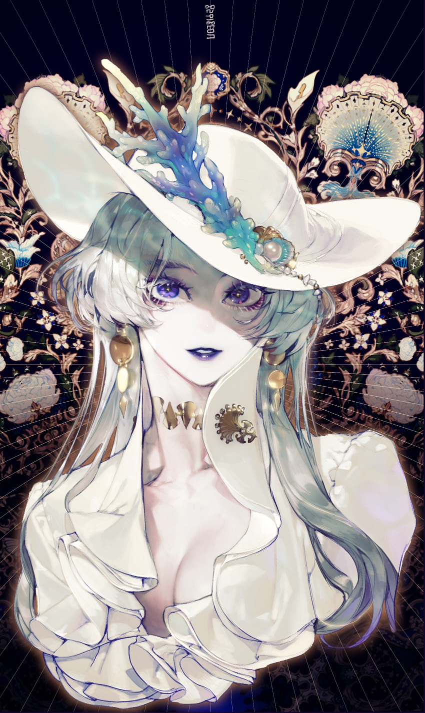 1girl breasts choker cleavage collarbone coral earrings flower frills gradient_hair hat high_collar highres jewelry lipstick long_hair looking_at_viewer makeup mascara multicolored_hair original pearl_(gemstone) pigeon666 purple_eyes purple_lipstick shell signature smile solo white_hair