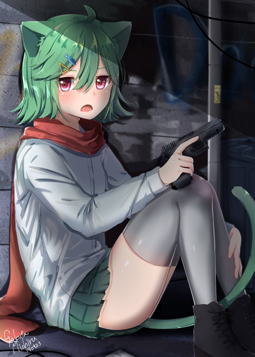 :o animal_ears artist_name blurry blurry_background blush cat_ears cat_tail dated fish_hair_ornament glock green_hair gun hair_ornament hairclip hand_on_shin handgun highres knees_up long_sleeves looking_at_viewer michiru_donut original outdoors red_eyes red_scarf scarf shirt shoes short_hair sitting tail thighhighs weapon white_legwear white_shirt