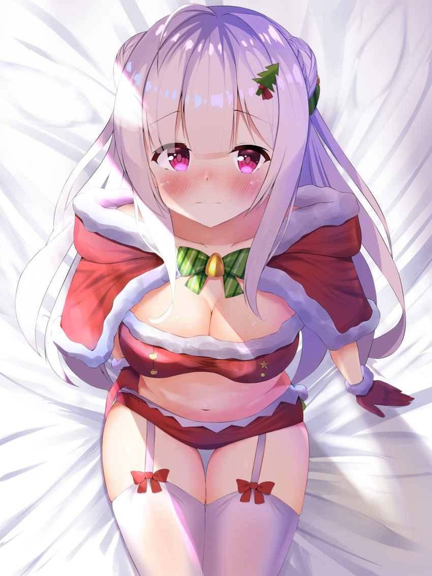 1girl absurdres ahoge arm_support azur_lane bangs blunt_bangs blush breasts capelet christmas cleavage closed_mouth collarbone commentary_request cygnet_(azur_lane) cygnet_(holy_night's_hymn)_(azur_lane) eyebrows_visible_through_hair firin from_above garter_straps gloves hair_ornament highres lavender_hair long_hair looking_at_viewer medium_breasts midriff navel pink_eyes red_gloves sitting solo thighhighs white_legwear