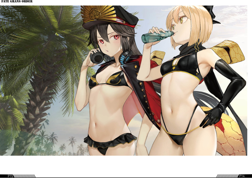 2girls :t absurdres bangs bikini black_bikini black_gloves black_hair black_headwear blonde_hair blue_sky bottle breasts closed_mouth cloud day drinking elbow_gloves eyebrows_visible_through_hair family_crest fate/grand_order fate_(series) gloves glowing hair_between_eyes hand_on_headphones hand_on_hip hat headphones headphones_around_neck highleg highleg_bikini highres holding holding_bottle jacket jacket_on_shoulders layered_bikini long_hair multiple_girls navel nyatabe oda_nobunaga_(fate) oda_nobunaga_(fate)_(all) oda_nobunaga_(swimsuit_berserker)_(fate) oda_uri okita_souji_(fate)_(all) okita_souji_(swimsuit_assassin)_(fate) outdoors palm_tree peaked_cap ramune red_eyes red_jacket single_glove sky small_breasts swimsuit tree very_long_hair yellow_eyes