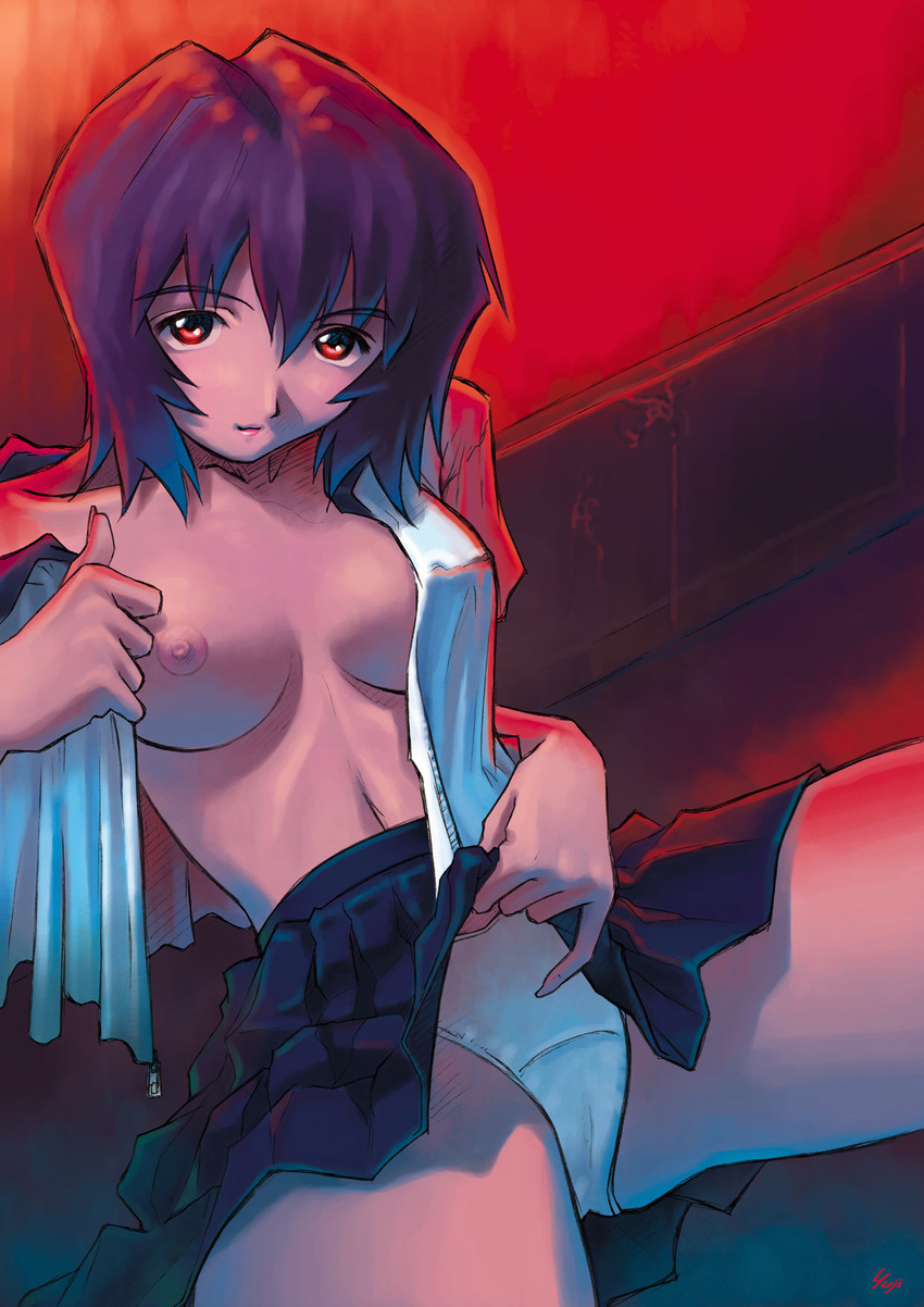 ayanami_rei blue_hair breasts highres kobayashi_yuuji medium_breasts neon_genesis_evangelion no_bra open_clothes open_shirt panties school_uniform shirt sitting skirt skirt_lift solo underwear white_panties