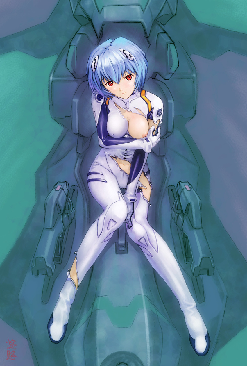 artist_name ayanami_rei bangs between_legs blue_hair bodysuit bracer breast_slip breasts cameltoe closed_mouth cockpit covered_nipples entry_plug expressionless full_body gloves groin hair_between_eyes hair_ornament hand_between_legs head_tilt highres holding_arm impossible_clothes knees_together_feet_apart kobayashi_yuuji large_breasts long_legs looking_at_viewer navel neon_genesis_evangelion nipples no_bra one_breast_out pilot_suit plugsuit red_eyes scan short_hair sitting slim_legs solo thigh_gap torn_bodysuit torn_clothes turtleneck white_bodysuit