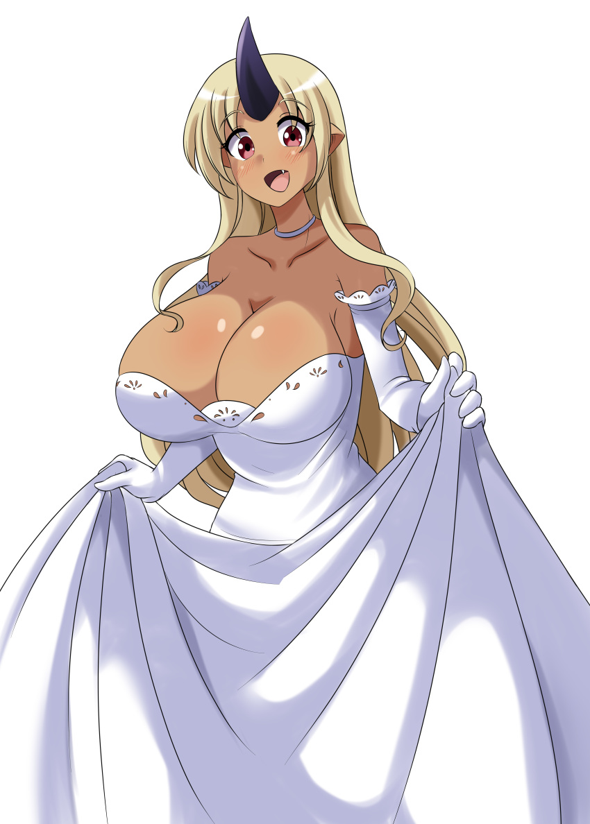 2019 5_fingers absurd_res armwear big_breasts blonde_hair blus breasts cleavage clothed clothing dress elbow_gloves fangs female fingers gloves hair handwear hi_res horn horned_humanoid humanoid long_hair looking_at_viewer lucyfercomic monster_girl_(genre) monster_musume not_furry ogre open_mouth simple_background solo tionishia_(monster_musume) wedding_dress white_background