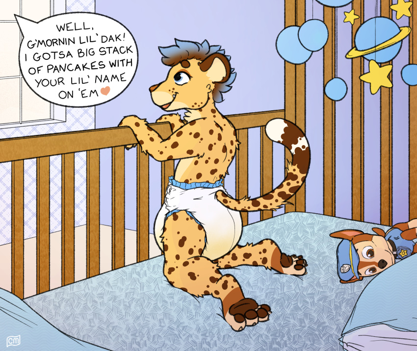 2019 absurd_res anthro bodily_fluids clothed clothing crinklemouse cub diaper digital_media_(artwork) felid feline genital_fluids hair hi_res male mammal pantherine paw_patrol plushie sitting smile solo text tiger topless urine wet_diaper wetting young