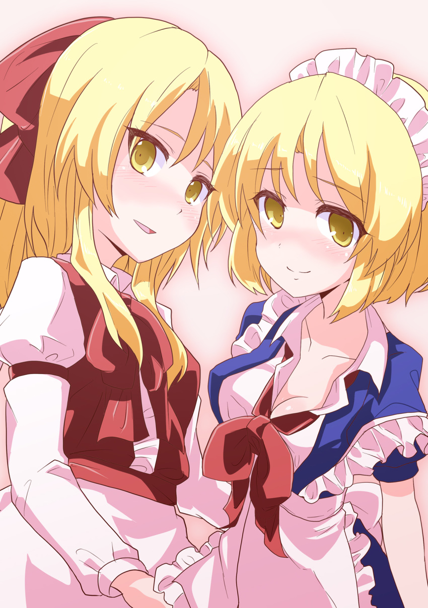 2girls apron blonde_hair bow bowtie breasts cleavage closed_mouth collarbone eyebrows_visible_through_hair gengetsu hair_bow highres juliet_sleeves long_hair long_sleeves maid_apron maid_headdress medium_breasts mr.milk_caramel mugetsu multiple_girls open_mouth puffy_short_sleeves puffy_sleeves red_bow red_neckwear red_vest short_hair short_sleeves siblings sisters smile touhou touhou_(pc-98) vest waist_apron white_apron yellow_eyes
