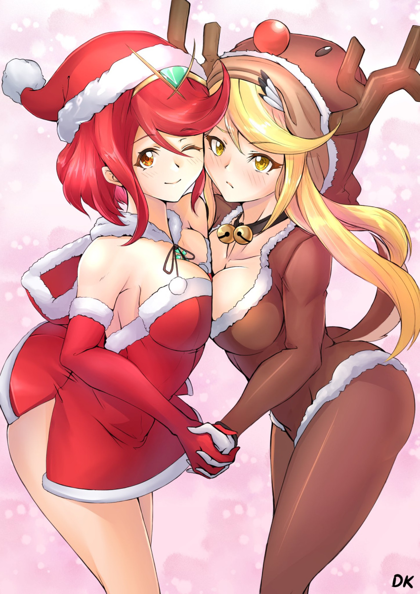 2girls alternate_costume animal_costume ara_ara bangs blonde_hair blush breast_docking breast_press breast_squeeze breasts christmas cleavage deekei highres hikari_(xenoblade_2) holding_hands homura_(xenoblade_2) large_breasts long_hair looking_at_viewer multiple_girls one_eye_closed open_eyes red_hair reindeer_costume santa_costume short_hair shy smile swept_bangs thighs xenoblade xenoblade_(series) xenoblade_2