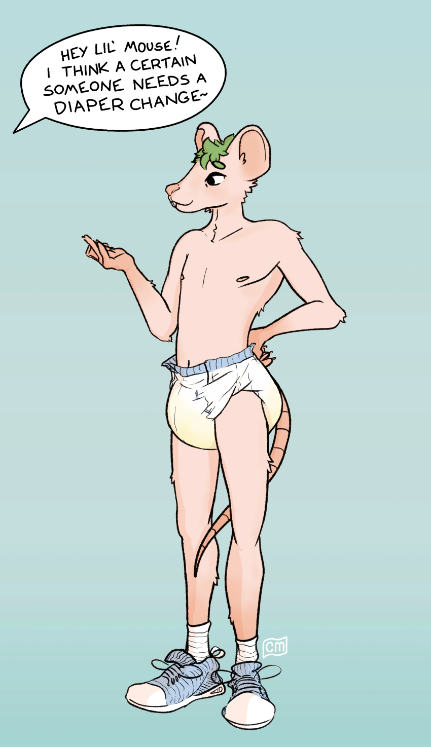 2019 absurd_res anthro bodily_fluids clothed clothing crinklemouse diaper genital_fluids hair hi_res male mammal mouse murid murine nipples rodent smile solo standing topless urine wet_diaper wetting