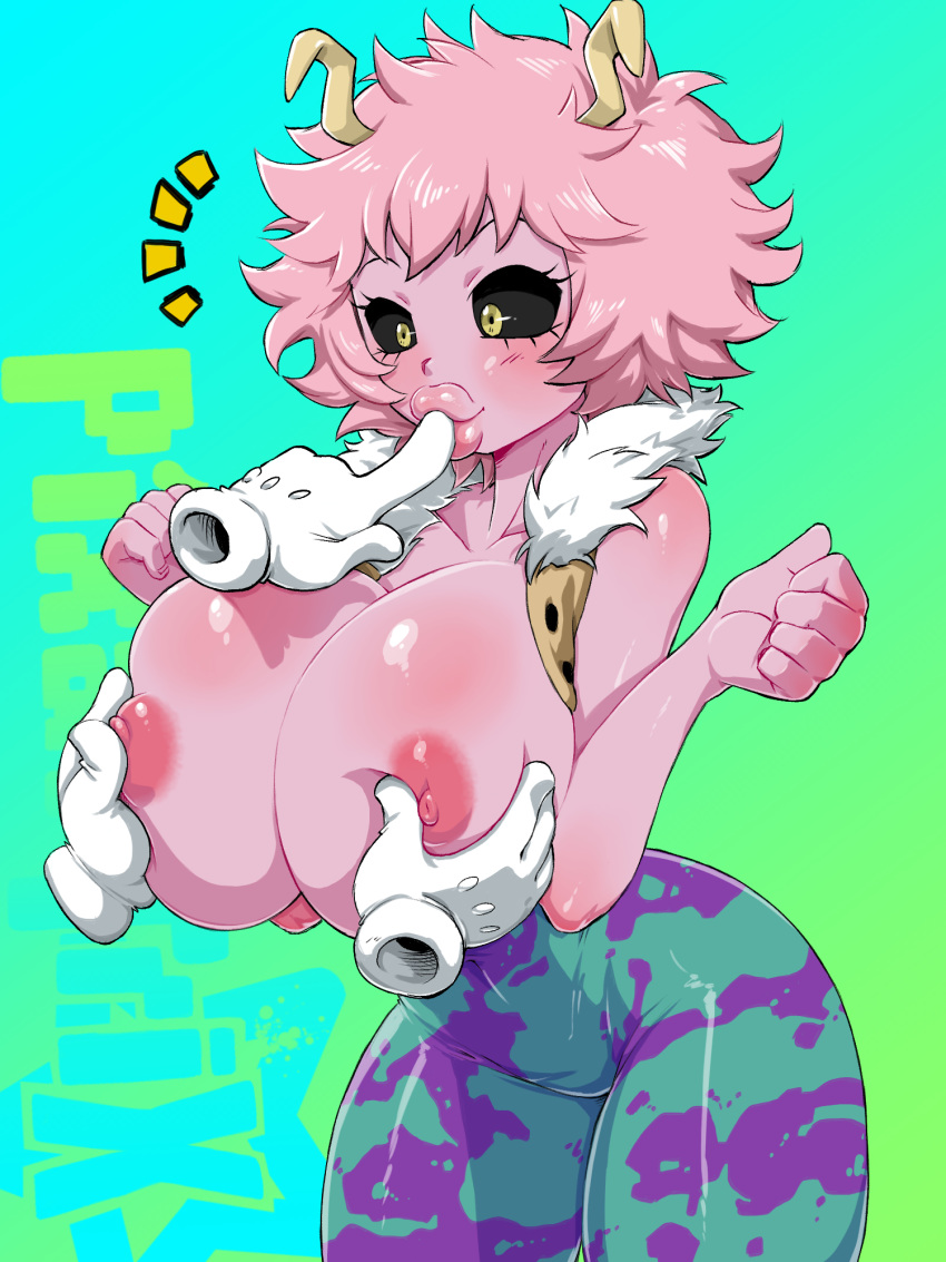 5_fingers areola ashido_mina big_breasts black_sclera blush breast_grab breast_squeeze breasts clothed clothing disembodied_hand eyelashes female fingers hair hand_on_breast hi_res humanoid lips my_hero_academia nipples not_furry pink_body pink_hair pink_skin pixaltrix thick_lips yellow_eyes