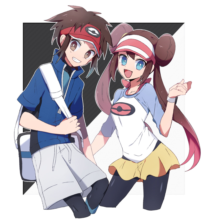 1boy 1girl :d bag black_legwear blue_eyes blue_shirt bow bracelet bright_pupils brown_eyes brown_hair carrying commentary cropped_legs double_bun drawstring duffel_bag gradient_hair grey_shorts grin hat highres jewelry kyouhei_(pokemon) legwear_under_shorts long_hair mei_(pokemon) multicolored_hair nanashiba_(banntlla) open_mouth pantyhose pink_bow pink_hair pink_headwear poke_ball_symbol pokemon pokemon_(game) pokemon_bw2 print_hat print_shirt raglan_sleeves red_headwear shirt short_shorts short_sleeves shorts side-by-side smile twintails very_long_hair visor_cap white_pupils white_shirt yellow_shorts zipper