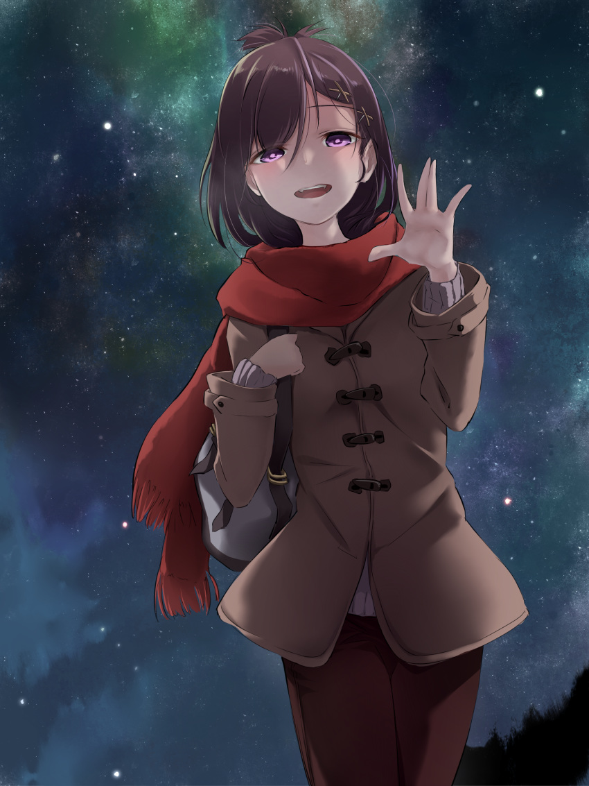 1girl :d absurdres alternate_costume aurora blush brown_jacket carrying_bag commentary_request fangs gabriel_dropout highres jacket looking_at_viewer medium_hair night night_sky open_mouth purple_eyes purple_hair red_scarf sazanka scarf sky smile solo star_(sky) starry_sky sweater tsukinose_vignette_april upper_teeth waving winter_clothes