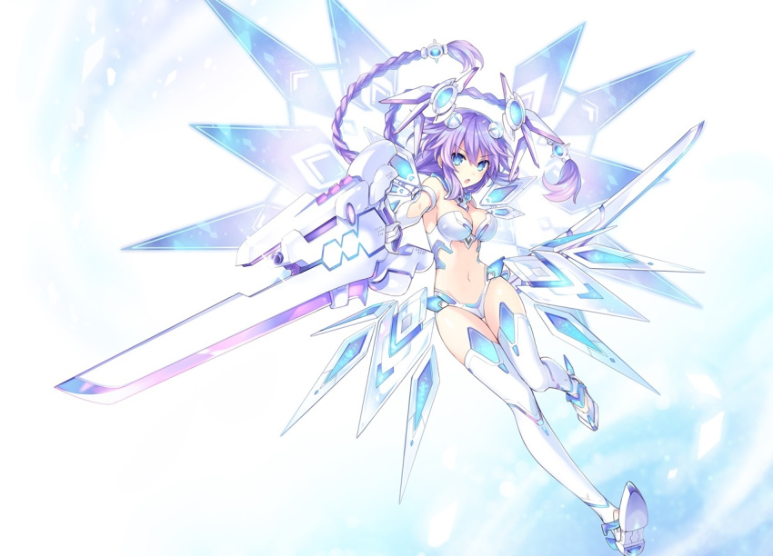 1girl bangs bare_shoulders blue_eyes blush braid breasts choujigen_game_neptune_the_animation cleavage elbow_gloves eyebrows_visible_through_hair full_body gloves holding holding_weapon logo long_hair looking_at_viewer medium_breasts navel neptune_(series) official_art open_mouth power_symbol purple_hair purple_heart revealing_clothes shiny shiny_clothes shiny_hair shiny_skin simple_background stomach symbol-shaped_pupils thighhighs tsunako twintails weapon white_gloves