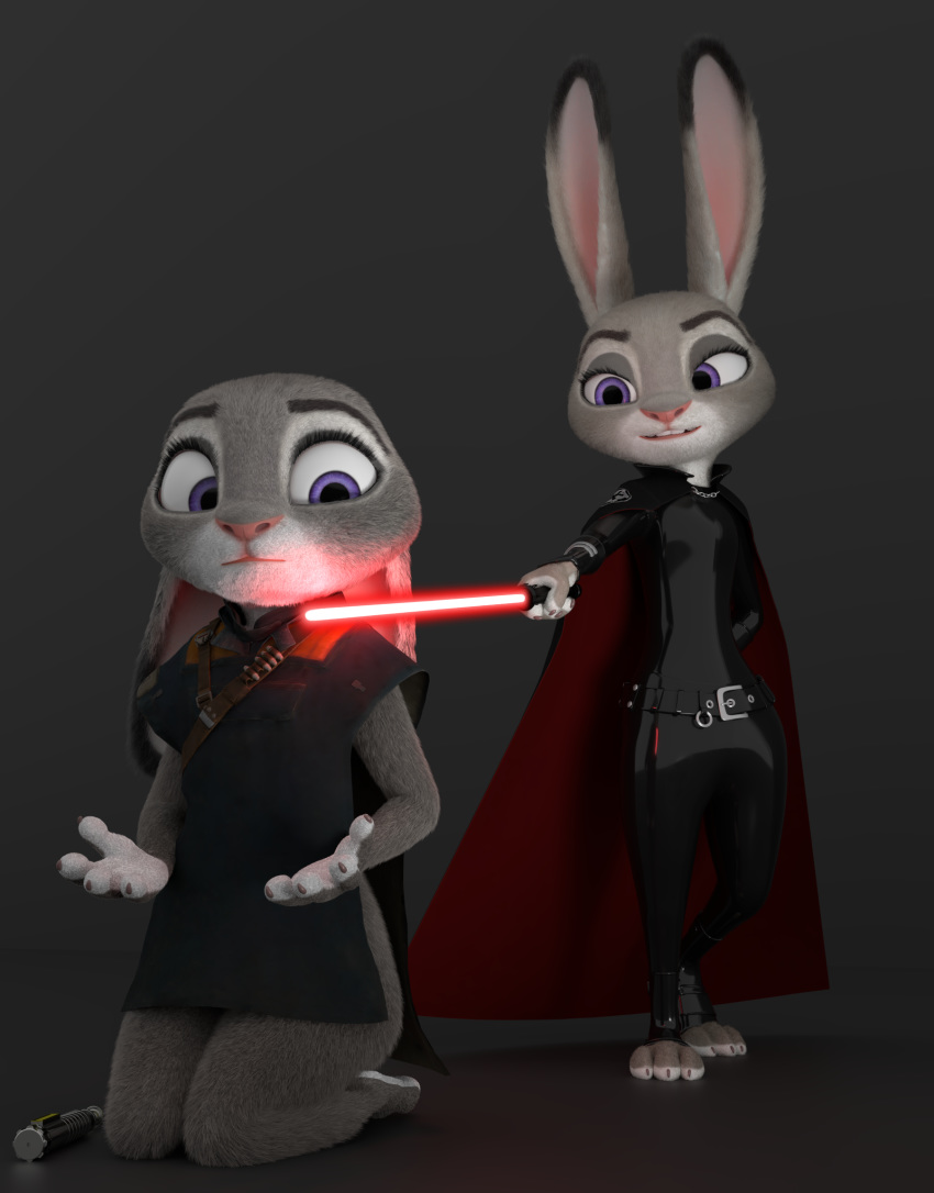 2019 3d_(artwork) anthro black_background black_clothing bodysuit claws cloak clothing crossover digital_media_(artwork) disney duo eyebrows eyelashes female female/female fingers fur grey_body grey_fur handwear hi_res holding_object holding_weapon jedi judy_hopps kneeling lagomorph leporid lightsaber long_ears mammal melee_weapon melo multicolored_body multicolored_ears multicolored_fur open_mouth pink_nose poncho purple_eyes rabbit simple_background sith skinsuit smile standing star_wars teeth tight_clothing toe_claws toeless_legwear weapon white_body white_fur zootopia