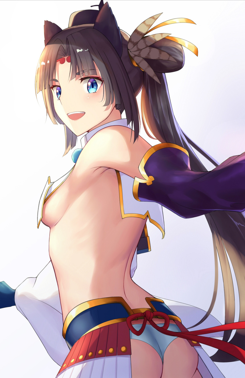 1girl absurdres armpit_crease ass black_hair blue_eyes blue_panties breasts chinese_commentary commentary_request fate/grand_order fate_(series) from_behind highres kouase long_hair looking_at_viewer open_mouth panties revealing_clothes side_ponytail sideboob small_breasts smile solo twisted_torso underwear upper_teeth ushiwakamaru_(fate/grand_order) very_long_hair