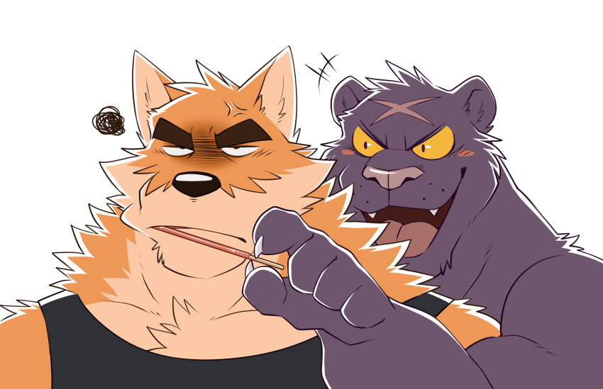 5_fingers angry anthro blush canid canine canis domestic_dog duo facial_scar felid fingers fur hi_res male mammal multicolored_body multicolored_fur open_mouth orange_body orange_fur otake pantherine ray_(takemoto_arashi) scar takemoto_arashi tan_body tan_fur tongue two_tone_body two_tone_fur x_scar yellow_sclera