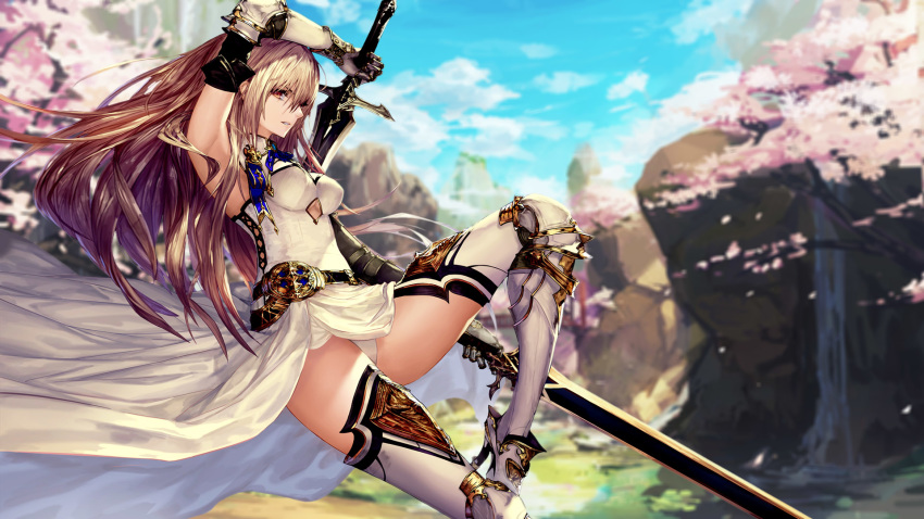 armor boots brown_eyes brown_hair cherry_blossoms dress elbow_gloves flowers gloves landscape lansane long_hair original panties scenery scenic sword tachikawa_mushimaro thighhighs underwear water waterfall weapon