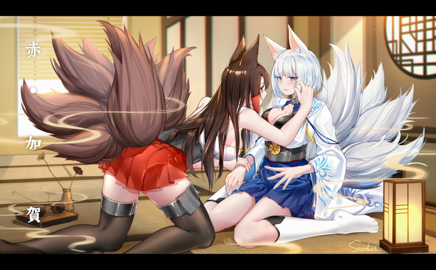2girls absurdres akagi_(azur_lane) all_fours animal_ears azur_lane background_text bangs blue_eyes blunt_bangs blush breasts brown_hair candle cheek_pinching chinese_commentary cleavage commentary_request dust_(394652411) eyebrows_visible_through_hair fox_ears fox_tail full_body highres imminent_kiss incense incense_burner indoors japanese_clothes japanese_house kaga_(azur_lane) kanji kimono large_breasts long_hair looking_at_another looking_at_viewer multiple_girls multiple_tails pinching red_eyes short_hair siblings sisters sitting skirt smile tail translation_request wariza white_hair wide_sleeves yuri