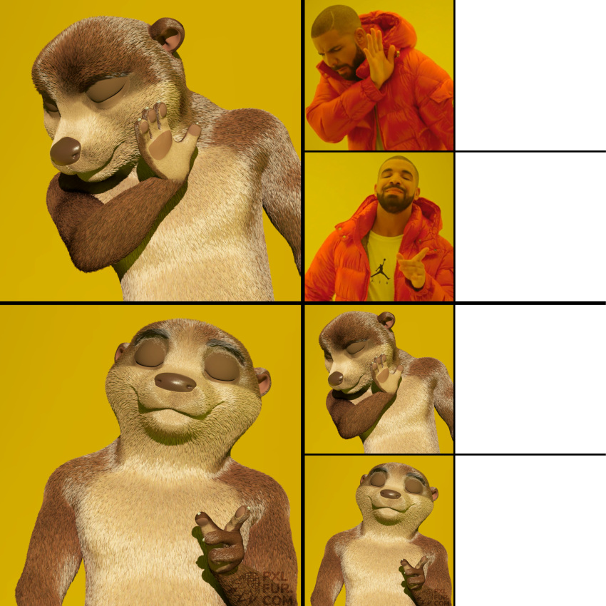 1:1 2019 absurd_res anthro hi_res hotline_bling human lutrine male mammal meme mustelid pxlfur raised_arm real smile solo