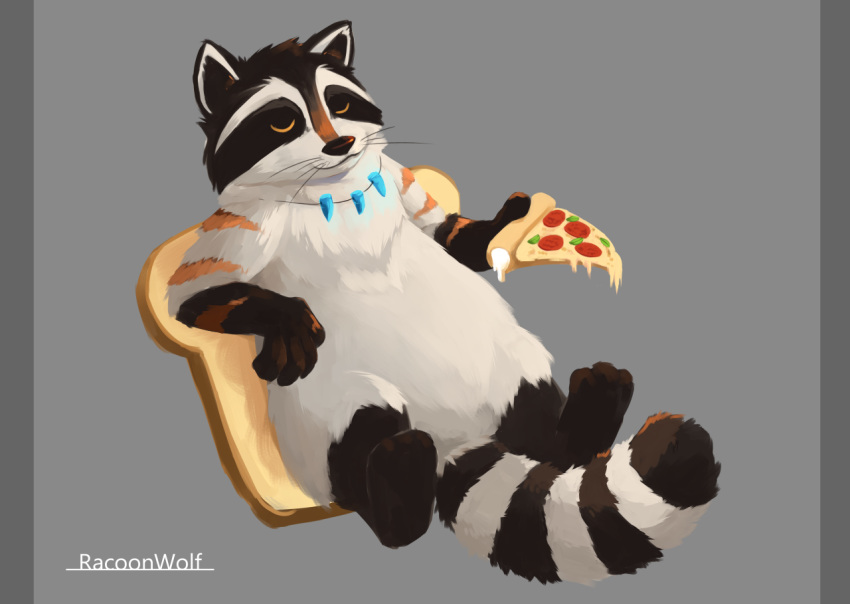 2017 anthro eyes_closed food mammal pizza procyonid raccoon slightly_chubby solo tardor