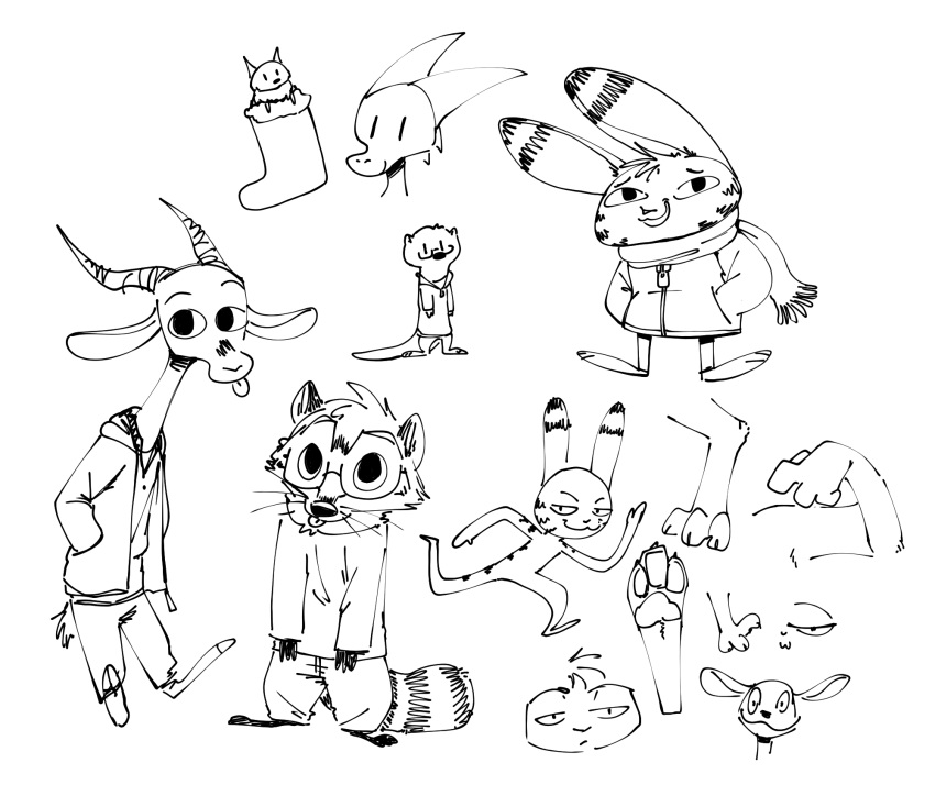 2019 :3 ambiguous_gender antelope anthro barefoot benjamin_(fuel) black_and_white bovid cheek_tuft chico_(fuel) chiropteran christmas_stocking clothed clothing deke_(ittybittykittytittys) disney dragon ear_markings eyewear facial_markings facial_tuft fan_character fuel_(artist) fur fur_markings gazelle glasses hands_in_pockets head_markings head_tuft hi_res hoodie horn jack_savage lagomorph leporid looking_at_viewer lutrine malphas_(enginetrap) mammal markings monochrome mustelid neck_tuft nude otterly_(character) pawpads pockets procyonid pteropodid rabbit raccoon ringtail running scalie scarf simple_background sketch_page smile solo spikes standing tongue tongue_out topwear tuft whiskers white_background zootopia