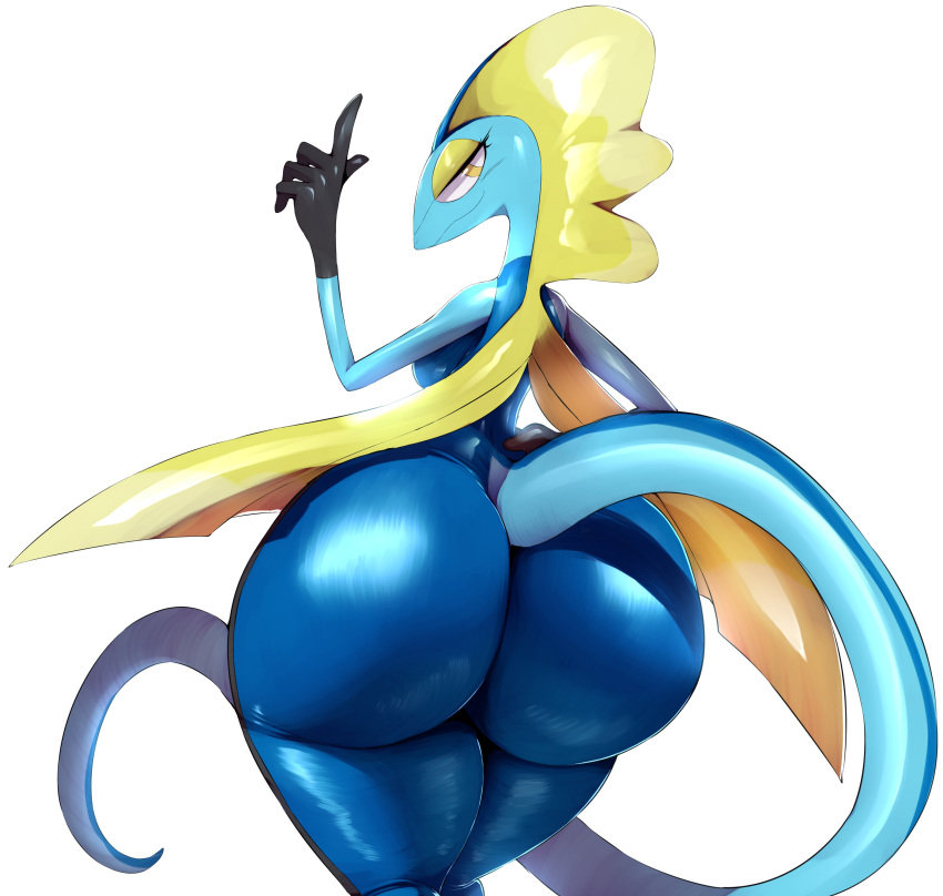 2019 5_fingers absurd_res anthro big_butt blue_body blue_scales blue_tail blush breasts butt female fingers half-closed_eyes hi_res huge_butt inteleon looking_at_viewer narrowed_eyes nintendo nude pok&eacute;mon pok&eacute;mon_(species) reptile scales scalie simple_background solo thick_thighs trinity-fate62 video_games white_background yellow_eyes