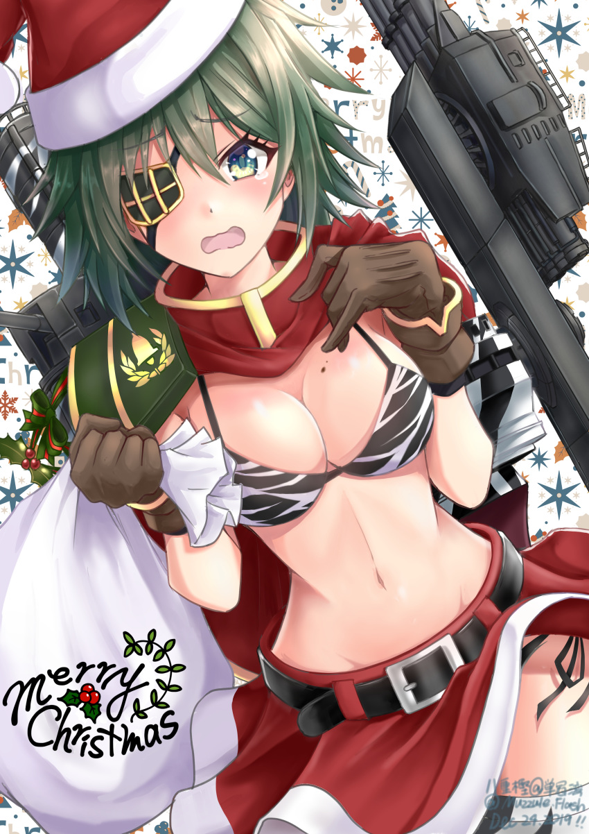 1girl absurdres alternate_costume animal_print belt bikini black_belt breasts brown_gloves eyepatch gloves green_eyes green_hair hat highres kaga3chi kantai_collection kiso_(kantai_collection) miniskirt muzzuleflash navel pauldrons red_headwear red_skirt remodel_(kantai_collection) rigging santa_costume santa_hat skirt small_breasts solo swimsuit tiger_print torpedo_launcher torpedo_tubes turret white_bikini