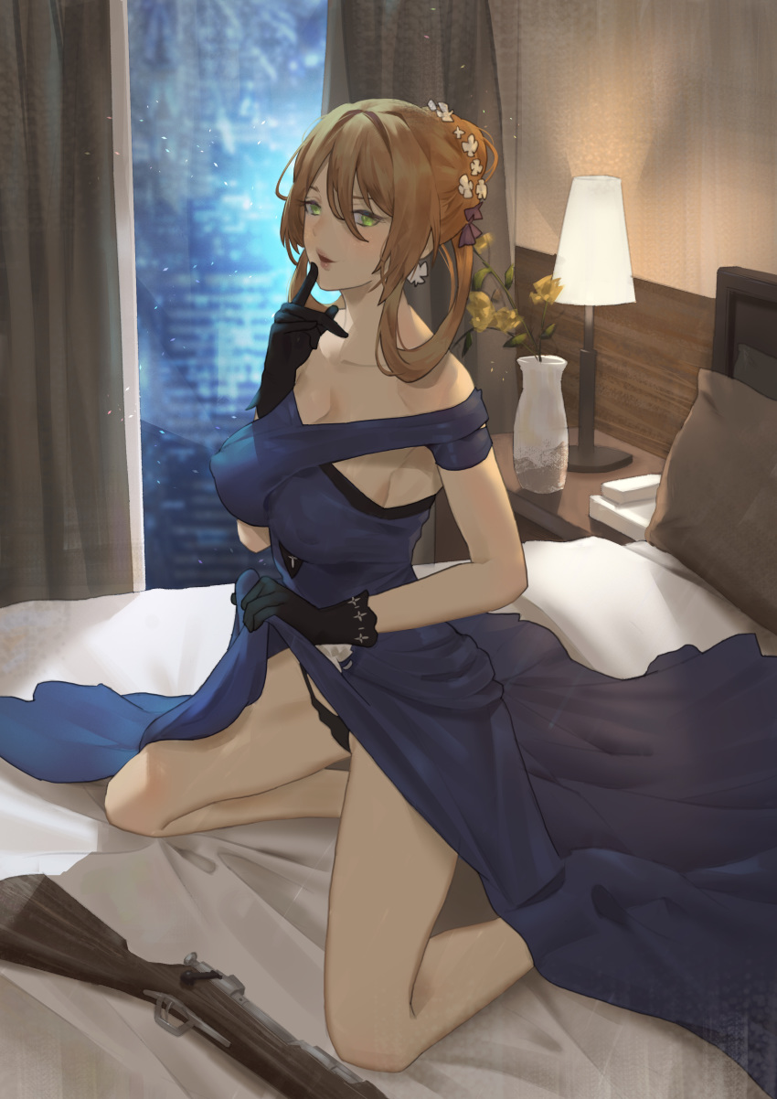 1girl absurdres bangs bare_shoulders bed bed_sheet black_gloves black_panties blue_dress breasts brown_hair cirilla cleavage covered_nipples curtains dress finger_to_chin flower girls_frontline gloves green_eyes gun hair_flower hair_ornament hair_up highres indoors kneeling lampshade large_breasts looking_at_viewer m1903_springfield_(girls_frontline) open_mouth panties parted_lips pillow pink_lips rifle skirt skirt_lift underwear updo weapon window