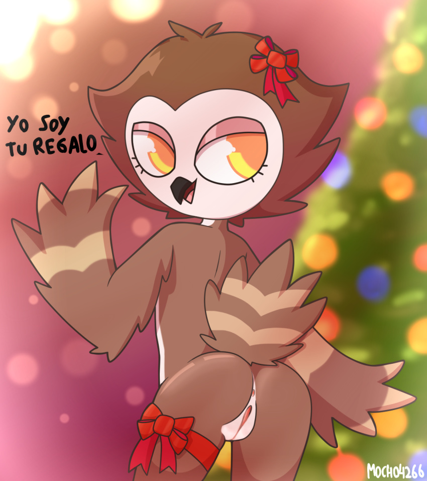 anthro avian bird bow butt christmas feathers female hi_res holidays mocho4266 nude owl pussy ribbons solo spanish_text tagged text