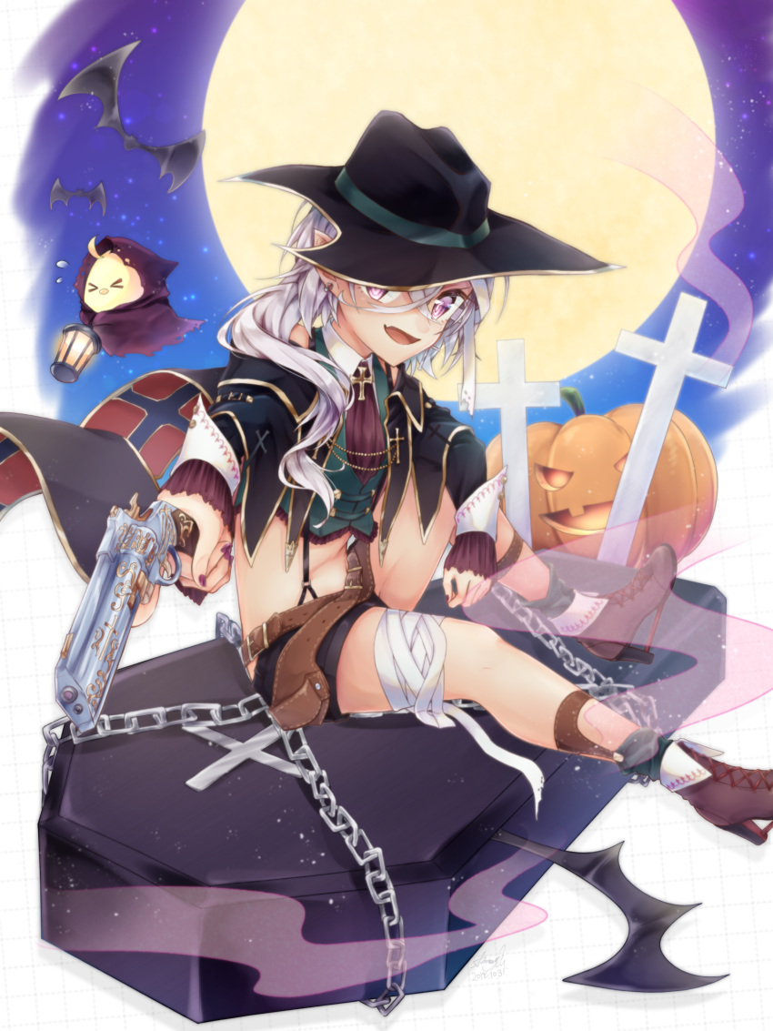 &gt;_&lt; 1girl :d absurdres alternate_costume alternate_hairstyle ascot azur_lane bandaged_head bandaged_leg bandages bangs bat belt black_headwear black_jacket black_shorts boots brown_footwear chain cloak coffin collared_shirt commentary_request cross cross-laced_clothes cross_necklace crossed_bangs dated earrings fang fedora flying_sweatdrops frilled_sleeves frills full_body full_moon green_footwear green_vest gun halloween hat high_heel_boots high_heels highres holding holding_gun holding_weapon holster jack-o'-lantern jacket jewelry lantern looking_at_viewer manjuu_(azur_lane) maple_may-gumi midriff moon navel necklace off-shoulder_jacket open_mouth pointy_ears purple_eyes purple_nails shadow shirt short_shorts shorts signature sitting sitting_on_object skin_fang sky smile socks solo star_(sky) starry_sky stud_earrings suspender_shorts suspenders tombstone vest weapon white_hair white_shirt z1_leberecht_maass_(azur_lane)