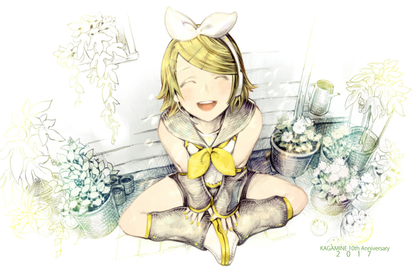 1girl 2017 anniversary bangs bare_shoulders black_collar black_shorts black_sleeves blonde_hair bow character_name closed_eyes collar commentary detached_sleeves facing_up facing_viewer feet_together from_above hair_bow hair_ornament hairclip hands_on_own_feet headphones headset highres kagamine_rin leg_warmers nagimiso nail_polish neckerchief open_mouth outdoors plant potted_plant sailor_collar school_uniform shirt short_hair short_shorts shorts sleeveless sleeveless_shirt smile solo swept_bangs vocaloid watering_can white_bow white_footwear white_shirt yellow_nails yellow_neckwear