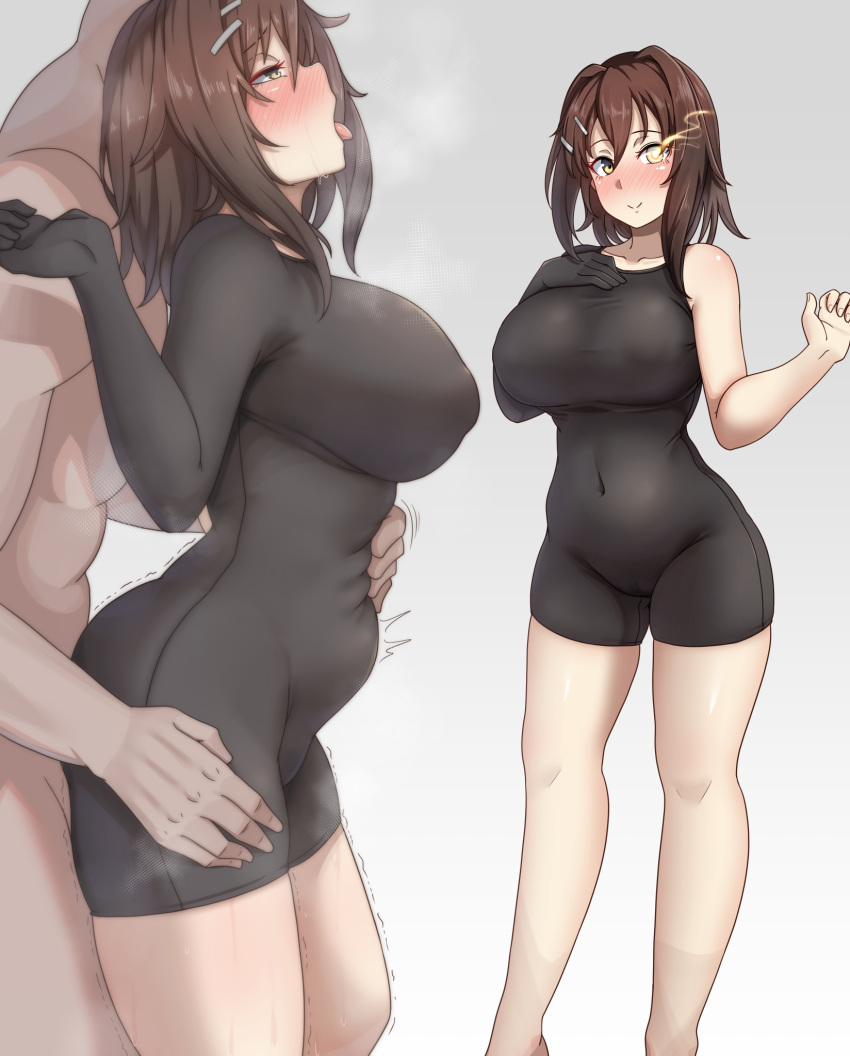 1boy 1girl black_bodysuit blush bodysuit breasts brown_hair cameltoe clothed_female_nude_male clothed_sex collarbone commentary_request furutaka_(kantai_collection) glowing glowing_eye hair_ornament hairclip heterochromia highres kantai_collection large_breasts nose_blush nude remodel_(kantai_collection) ryuun_(stiil) short_hair single_sleeve smile yellow_eyes
