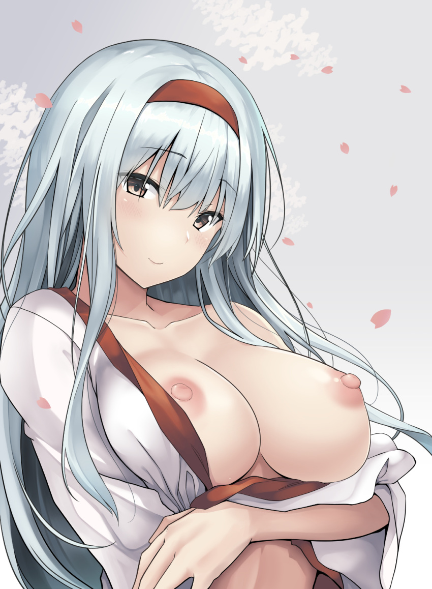 1girl blush breasts brown_eyes eyebrows_visible_through_hair gradient gradient_background hair_between_eyes hair_ribbon hairband headband highres japanese_clothes kantai_collection kimono large_breasts long_hair looking_at_viewer nipples no_bra open_clothes ribbon satou_samu shoukaku_(kantai_collection) silver_hair smile solo white_kimono