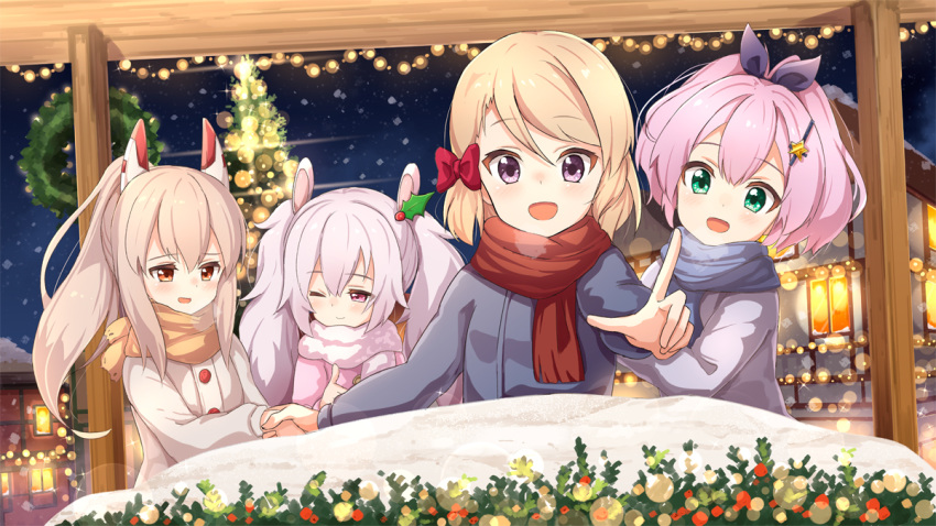 4girls :d ;) ame. animal_ears ayanami_(azur_lane) azur_lane bangs black_ribbon blue_scarf blush bow breath brown_jacket brown_scarf bunny_ears christmas christmas_ornaments christmas_tree christmas_wreath closed_mouth commentary_request eyebrows_visible_through_hair fringe_trim green_eyes grey_jacket hair_between_eyes hair_bow hair_ornament hair_ribbon headgear high_ponytail jacket javelin_(azur_lane) laffey_(azur_lane) light_brown_hair long_sleeves looking_at_viewer multiple_girls night night_sky one_eye_closed open_mouth outdoors pink_hair pink_jacket pointing ponytail purple_eyes red_bow red_eyes red_scarf ribbon scarf sidelocks silver_hair sky smile snow snowing star star_hair_ornament twintails z23_(azur_lane)