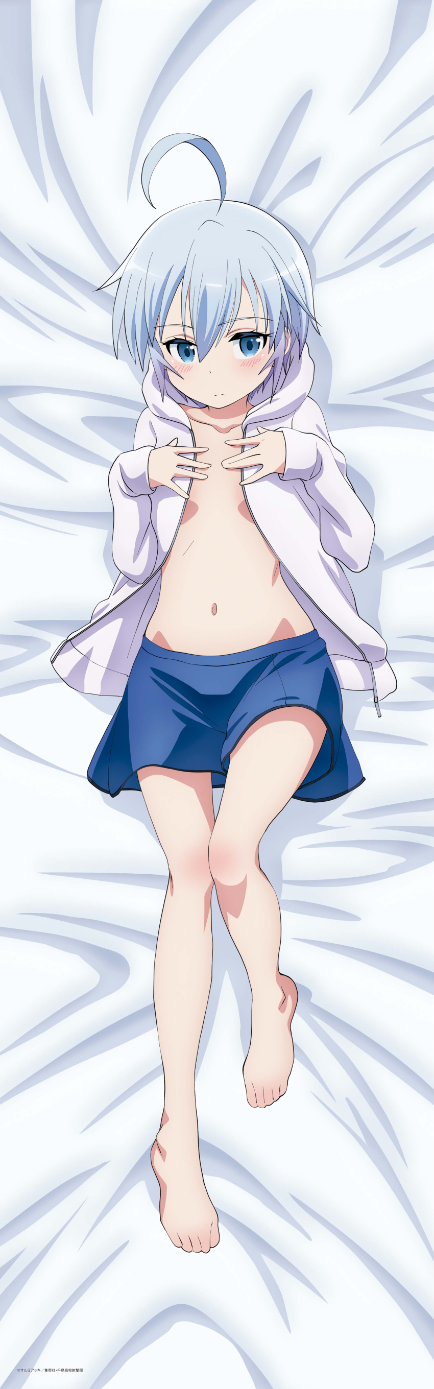 breast_hold cleavage dakimakura igarashi_yukio mukaigawara_ken no_bra open_shirt rifle_is_beautiful