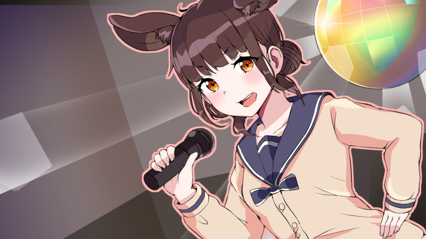 1girl :d animal_ears brown_eyes brown_hair disco_ball hair_bun hand_on_hip highres holding holding_microphone indoors long_sleeves microphone music open_mouth school_uniform serafuku short_hair singing smile solo taena upper_body