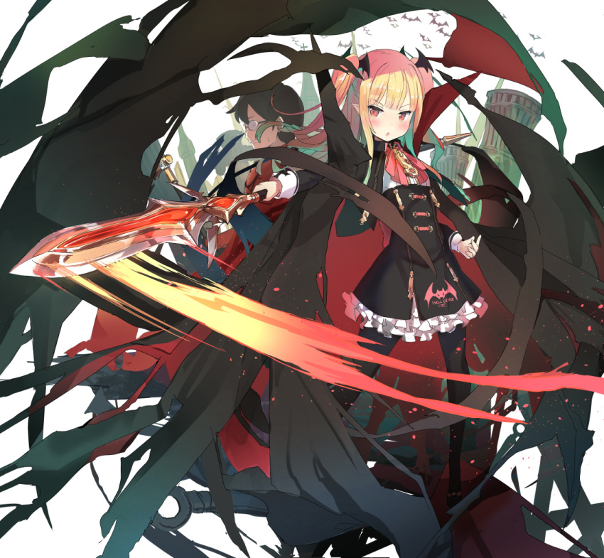 1boy 1girl animal_print bat bat_print black_cape black_hair black_legwear blonde_hair blush cape cross dress eyebrows_visible_through_hair frilled_dress frills glasses holding holding_spear holding_weapon isegawa_yasutaka original pantyhose parted_lips pointy_ears polearm red_eyes slashing spear standing torn_cape torn_clothes twintails vampire weapon zipper zipper_pull_tab