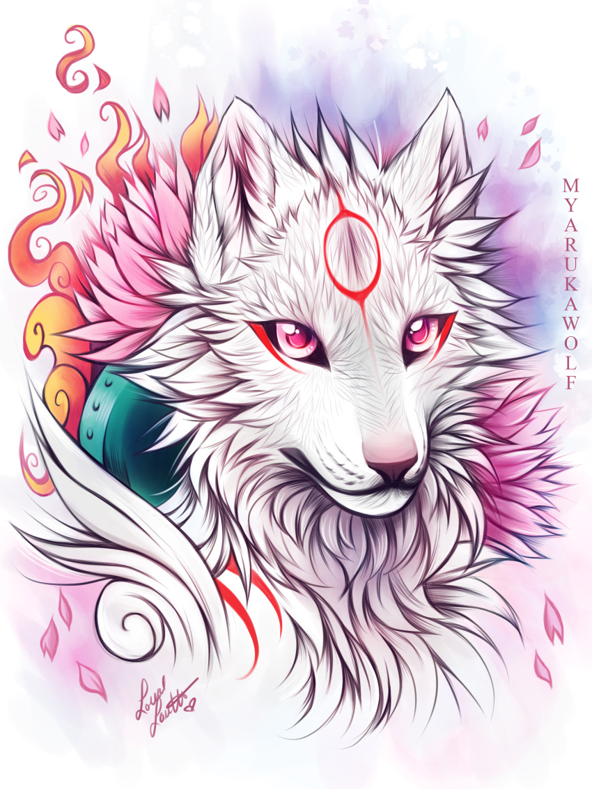 2019 absurd_res amaterasu canid canine canis capcom deity digital_media_(artwork) fur headshot_portrait hi_res mammal myarukawolf portrait purple_eyes video_games white_body white_fur wolf ōkami