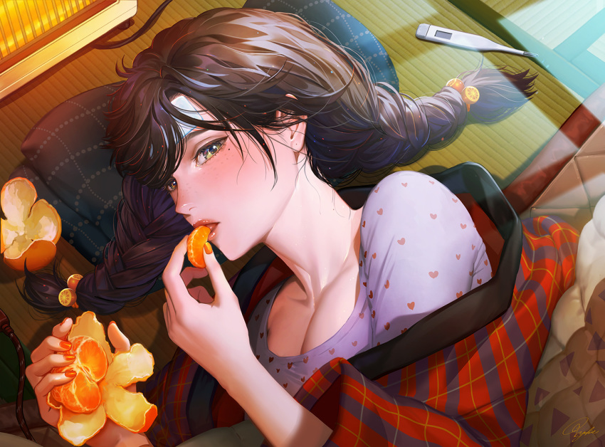 1girl blush braid breasts brown_hair cleavage commentary_request eating fever food food_themed_hair_ornament freckles fruit green_eyes hair_ornament hanten_(clothes) heart heart_print heater ice_pack kotatsu lips looking_at_viewer lying mandarin_orange mole mole_under_eye nail_polish on_floor orange orange_hair_ornament orange_nails orange_peel orange_slice original plaid sick signature solo table tajima_yukie tatami thermometer twin_braids twintails upper_body yellow_eyes