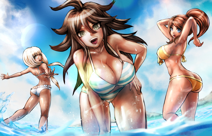 3girls asahina_aoi bare_shoulders bikini blue_eyes breasts brown_hair cleavage danganronpa danganronpa_1 dgrp_(minhduc12333) eyebrows_visible_through_hair green_eyes hair_between_eyes highres large_breasts looking_at_viewer multiple_girls new_danganronpa_v3 open_mouth owari_akane shiny shiny_hair shiny_skin silver_hair striped striped_bikini super_danganronpa_2 swimsuit yellow_bikini yonaga_angie