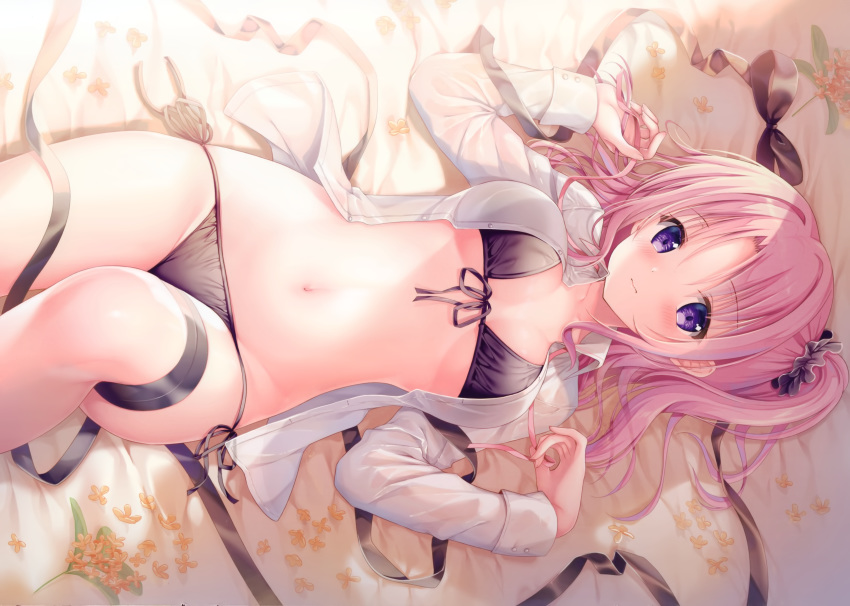 bikini blush flowers long_hair navel open_shirt original pink_hair ponytail purple_eyes scan shirt sousouman swimsuit twintails