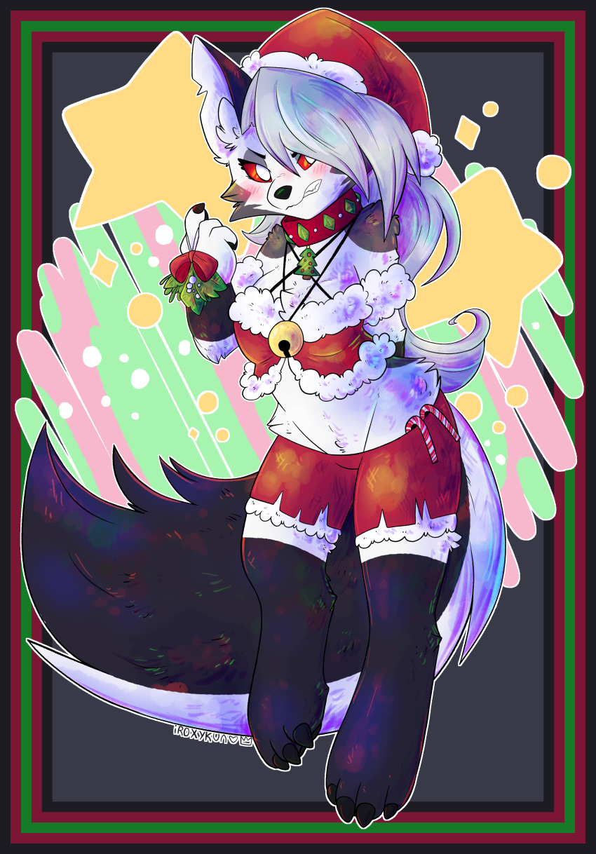 2019 absurd_res angry anthro bell blush bottomwear bow candy candy_cane canid canid_demon canine canis christmas christmas_lingerie christmas_tree claws clothed clothing collar crop_top demon digital_media_(artwork) fangs female food fur hair headgear headwear hellhound helluva_boss hi_res holidays iroxykun loona_(vivzmind) mammal mistletoe plant red_sclera shirt shorts snarling solo teeth topwear tree white_body white_fur wolf